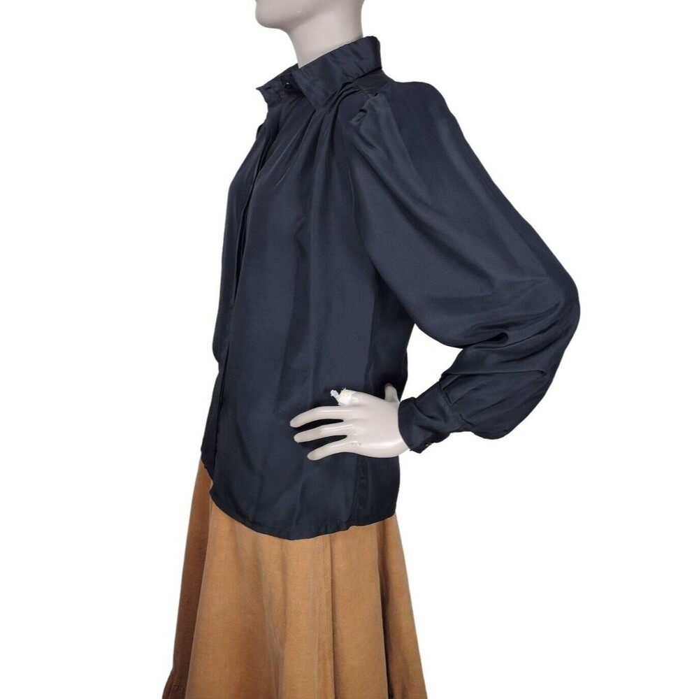 Vintage 80s Black High Puffed Pleated Shoulder Balloon Sleeve Button-Down Blouse